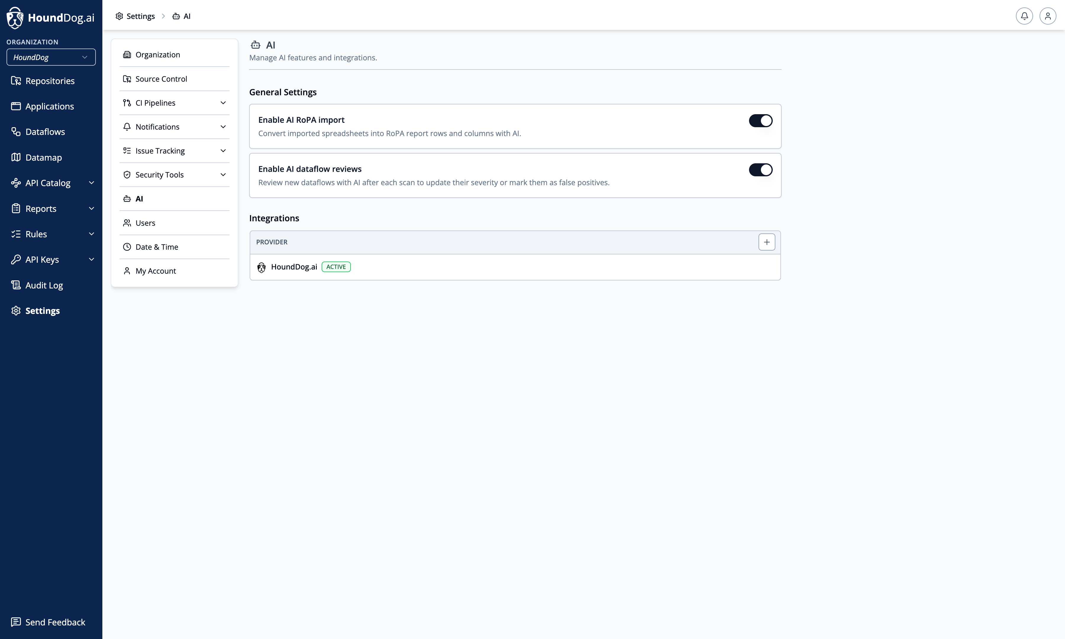 The AI Integration page with feature toggles and the provider integration list