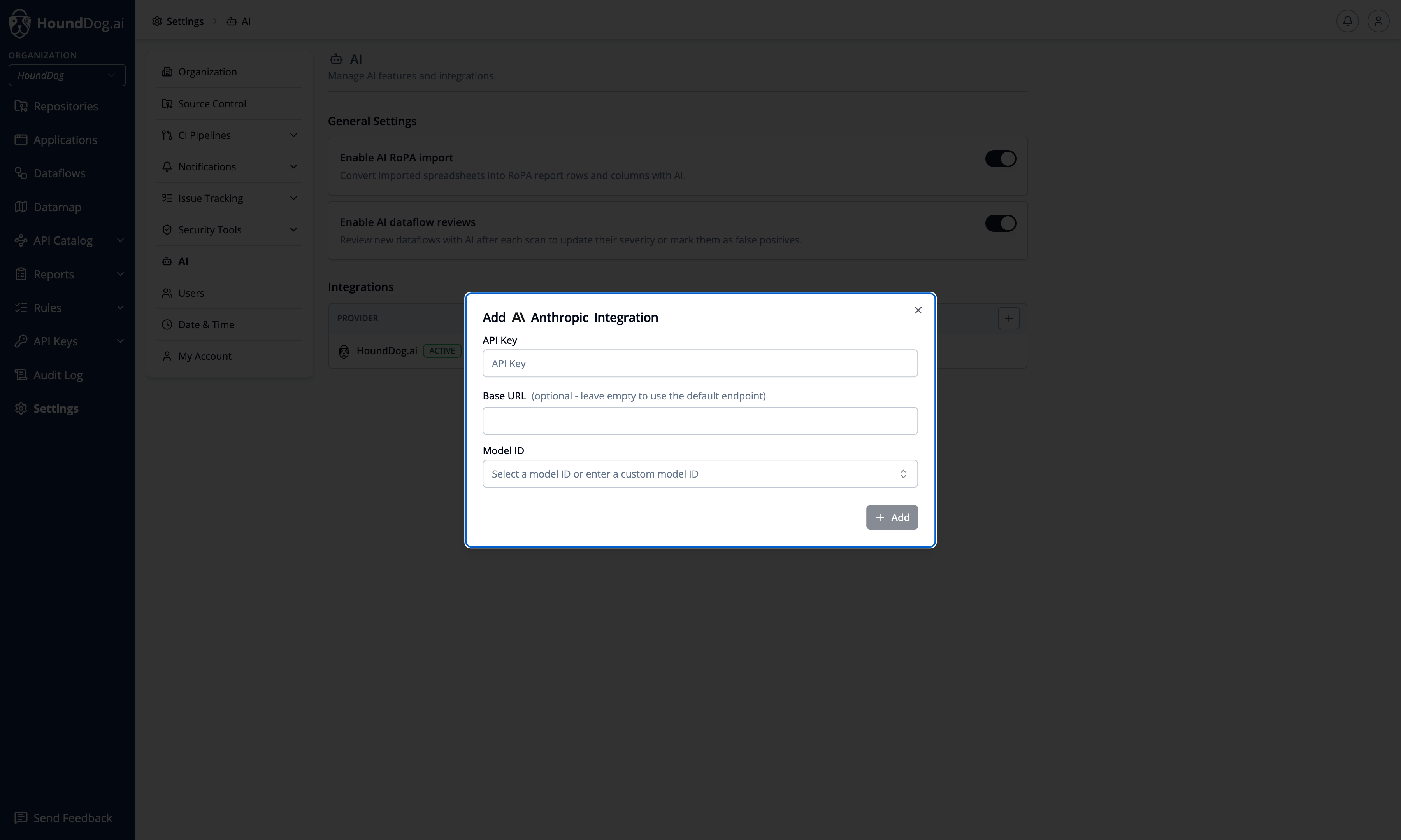 Adding an Anthropic integration with an API key and model ID