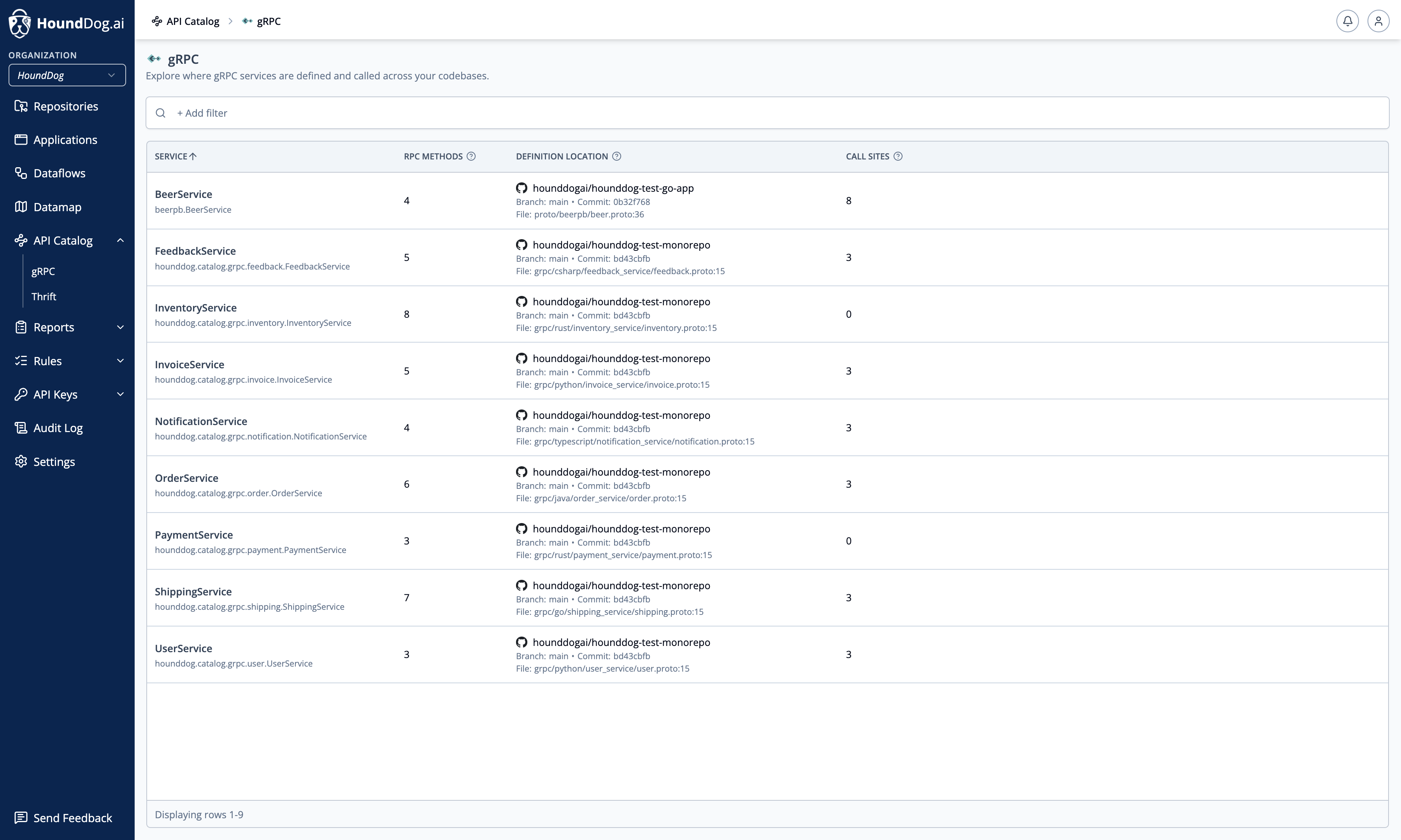The gRPC catalog listing services with their RPC methods, definition locations, and call sites