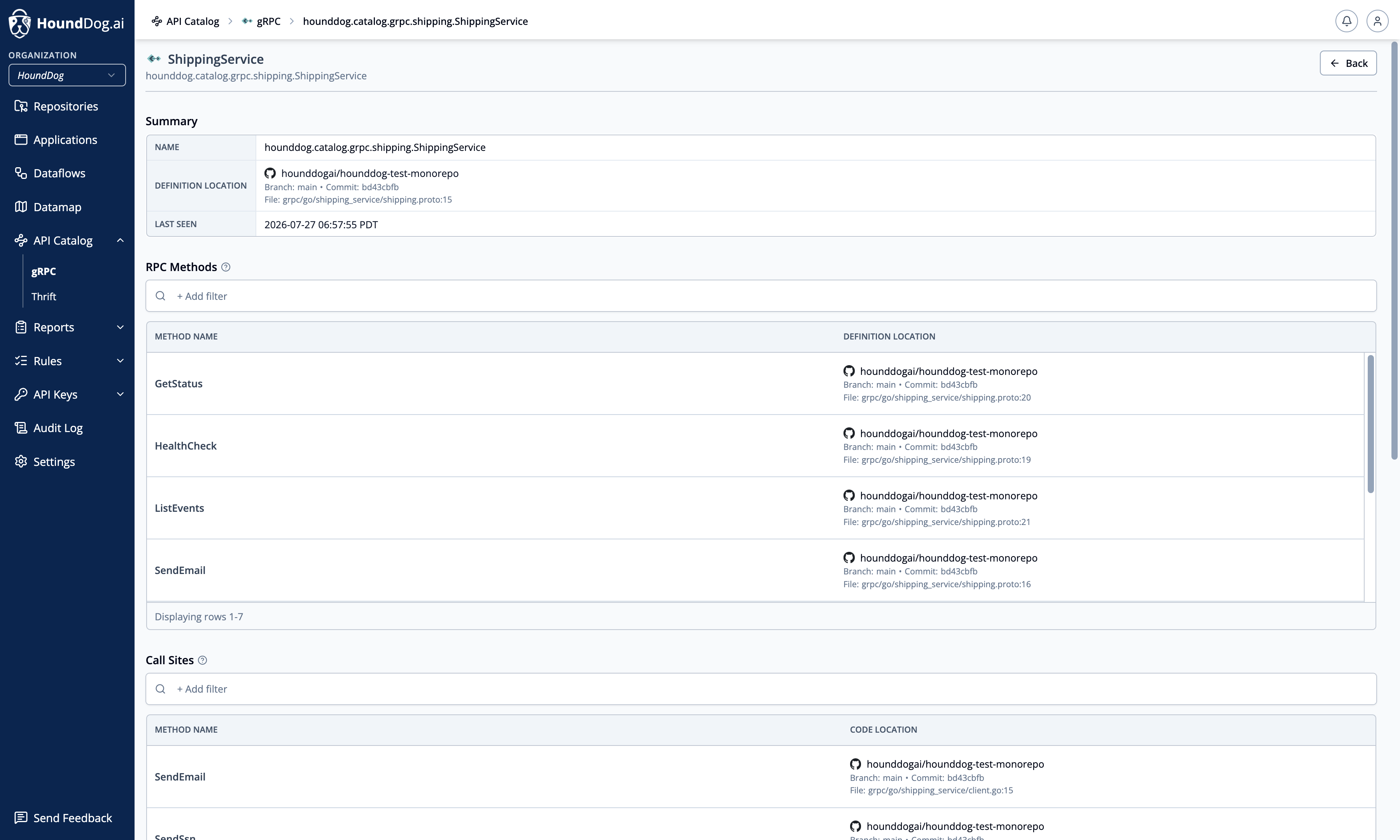 A gRPC service detail page with its summary, RPC methods, and call sites
