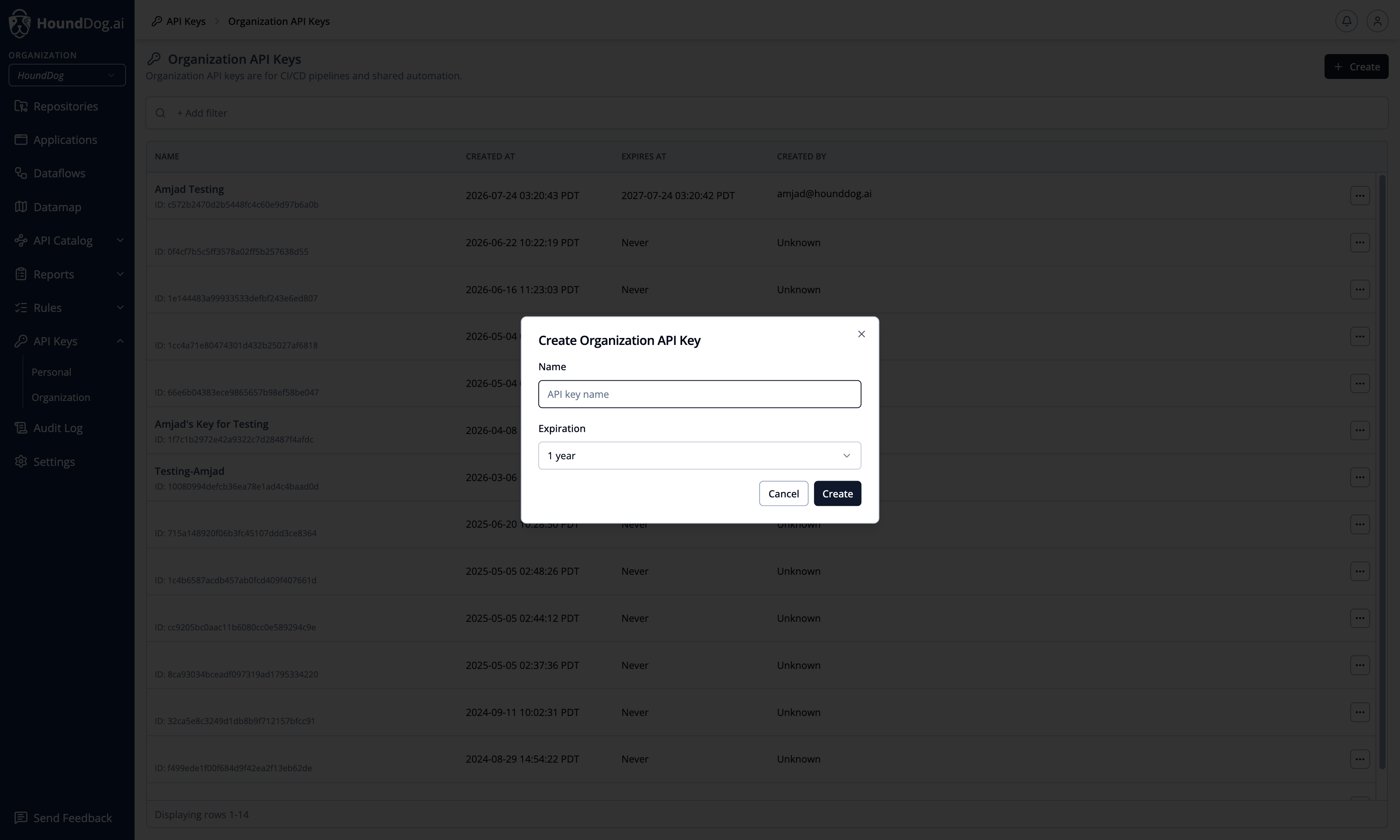 The Create Organization API Key dialog with a name and expiration