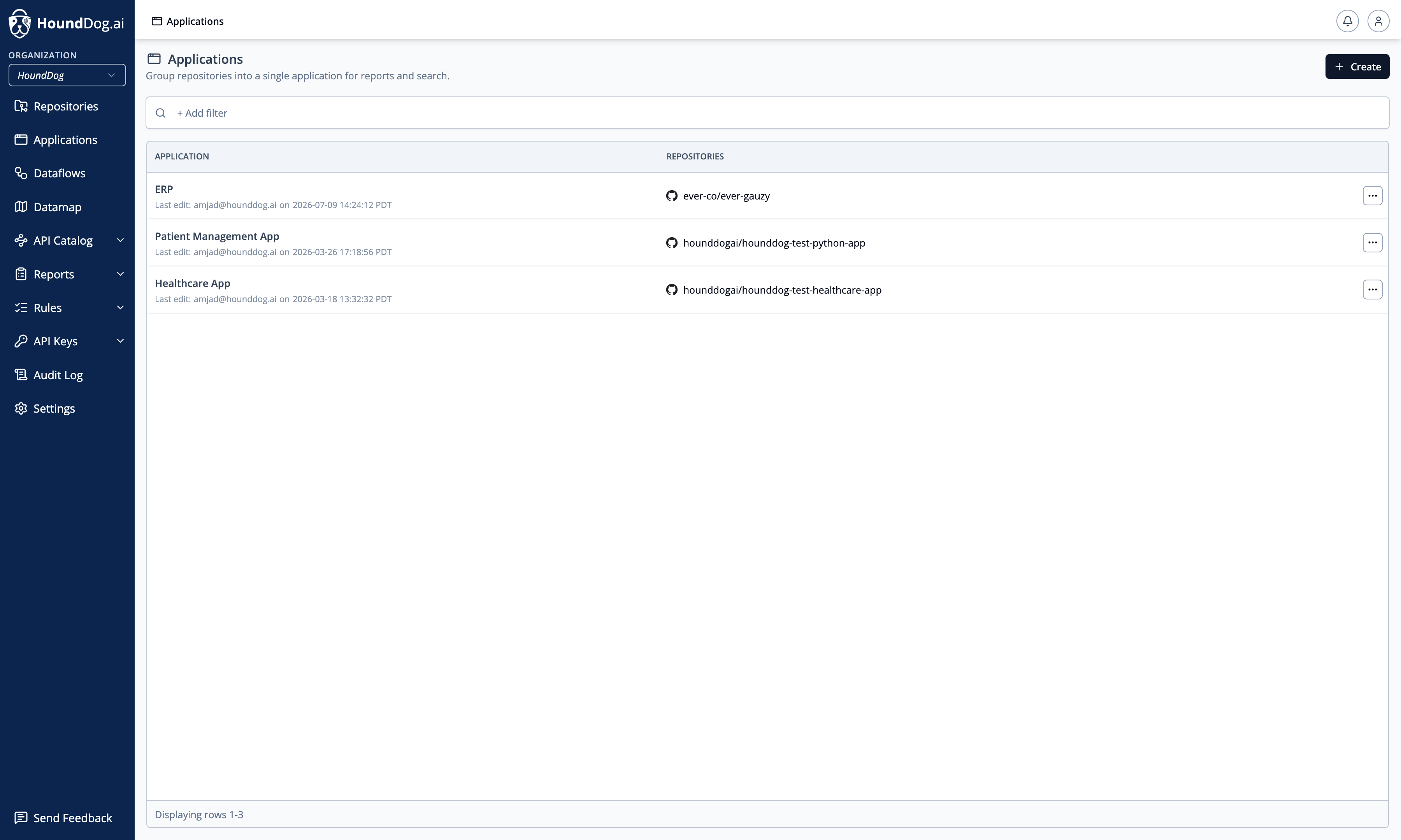 The Applications page listing applications and the repositories they group