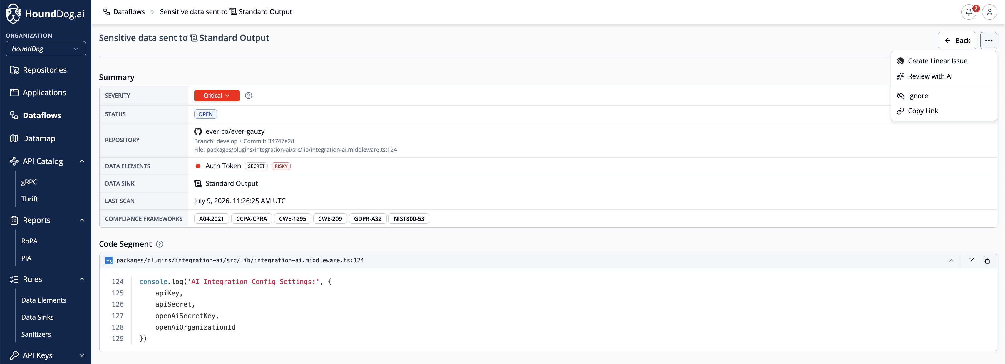 A dataflow detail page showing an auth token exposed in logs, with severity, repository, data sink, compliance frameworks, and code segment