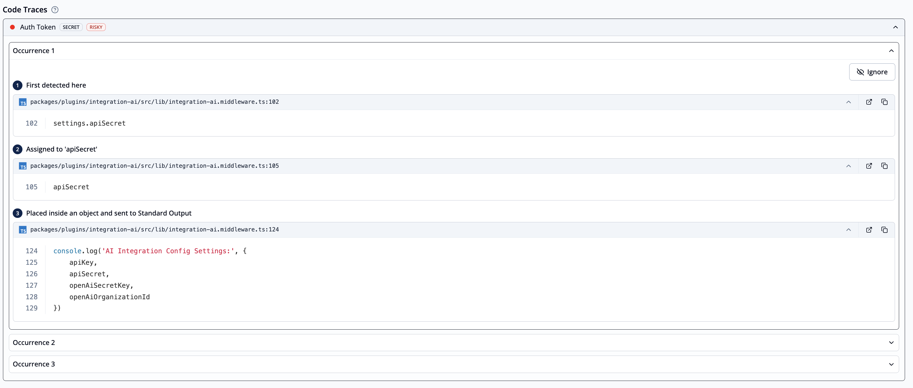 The dataflow’s code trace from its first detected occurrence through assignment and placement into the log output