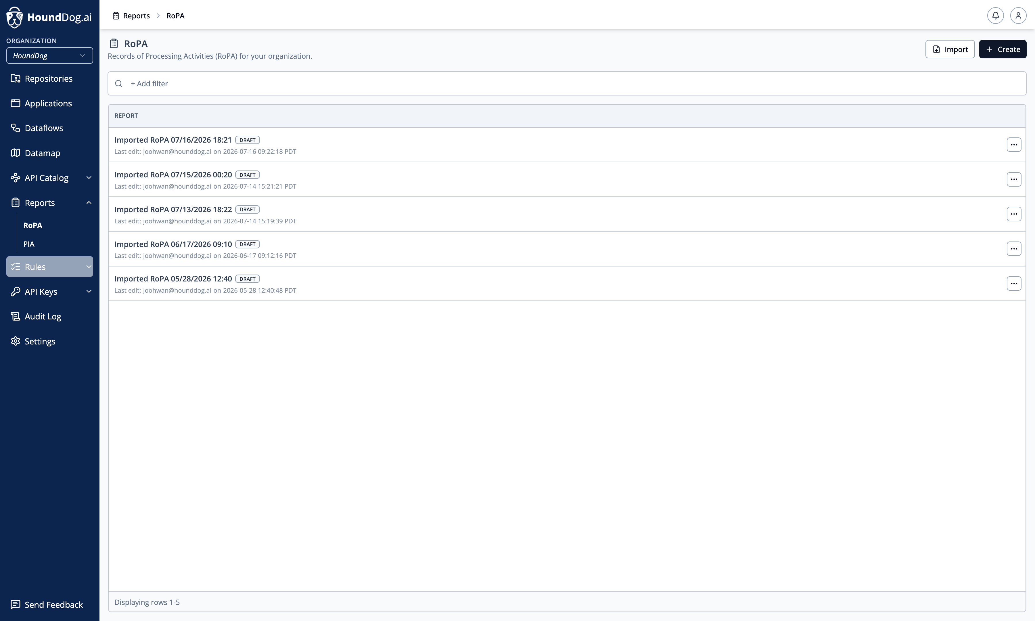 The RoPA reports list with statuses and the Import and Create actions