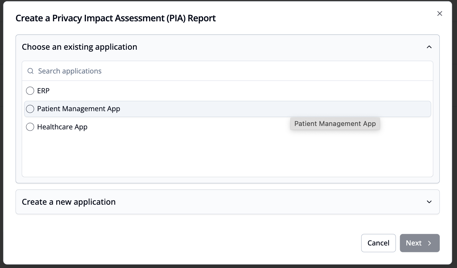 The PIA creation dialog for choosing an existing application or creating a new one