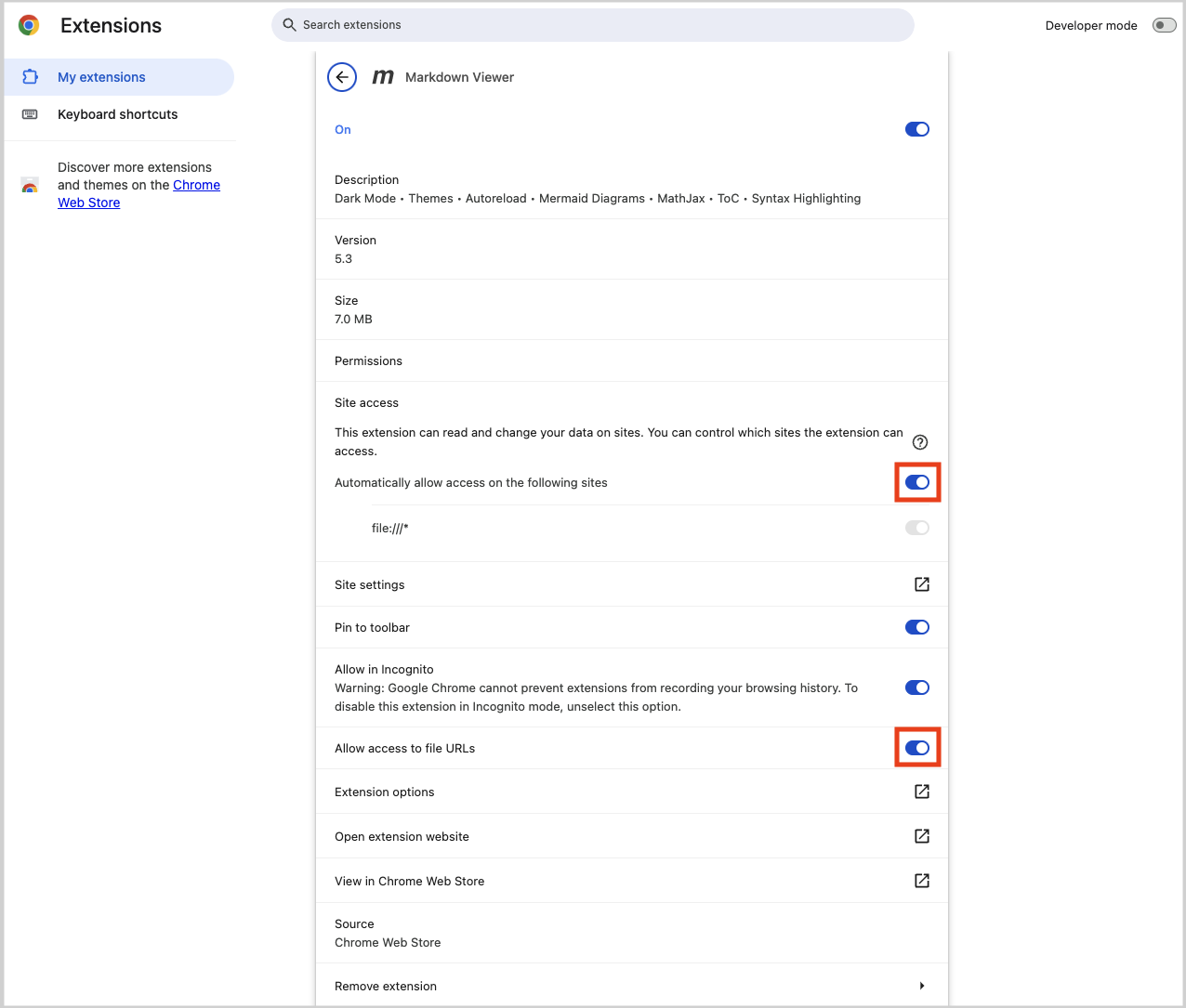 The Markdown Viewer extension settings with site access and Allow access to file URLs enabled