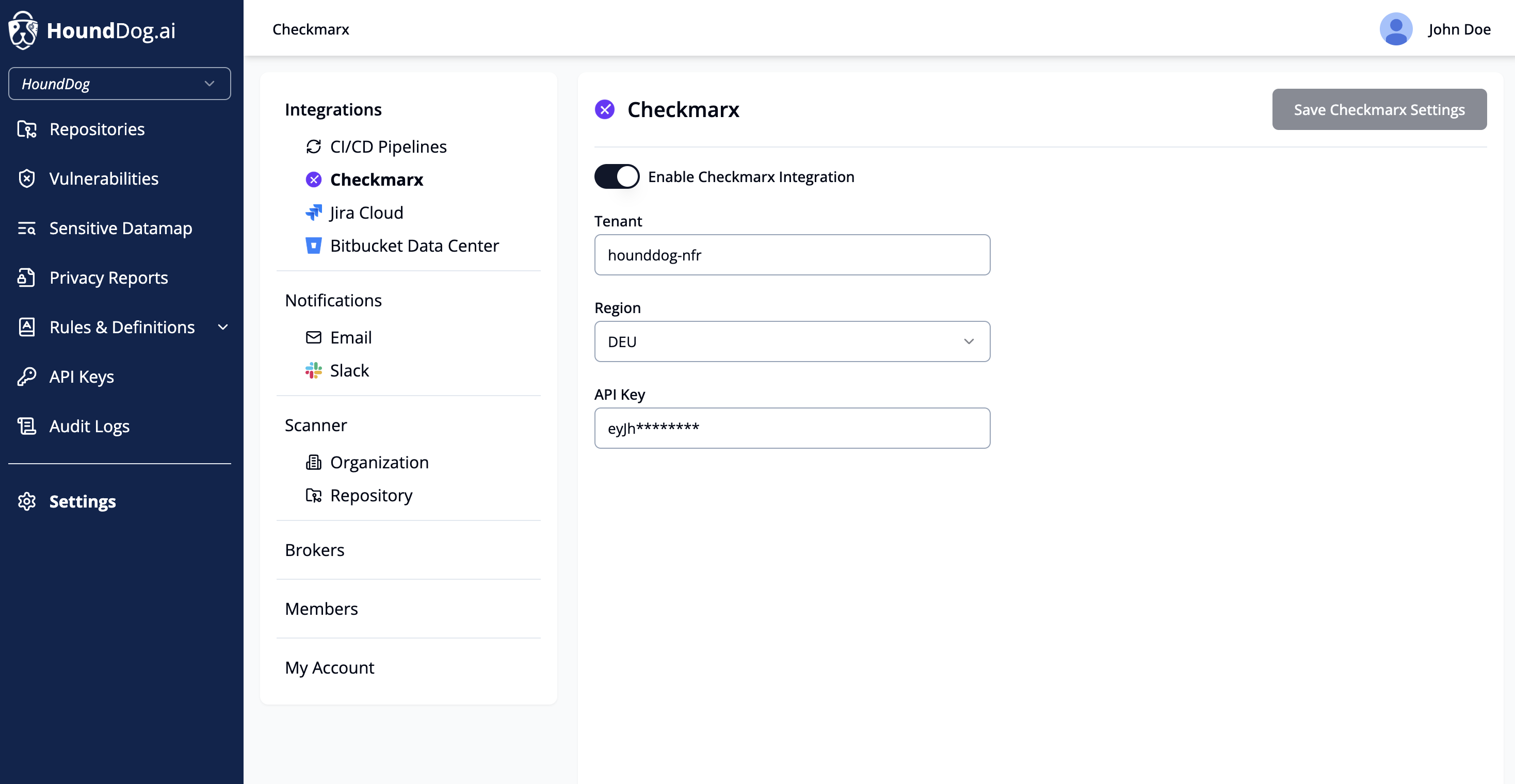 The Checkmarx integration settings with tenant, region, and API key fields