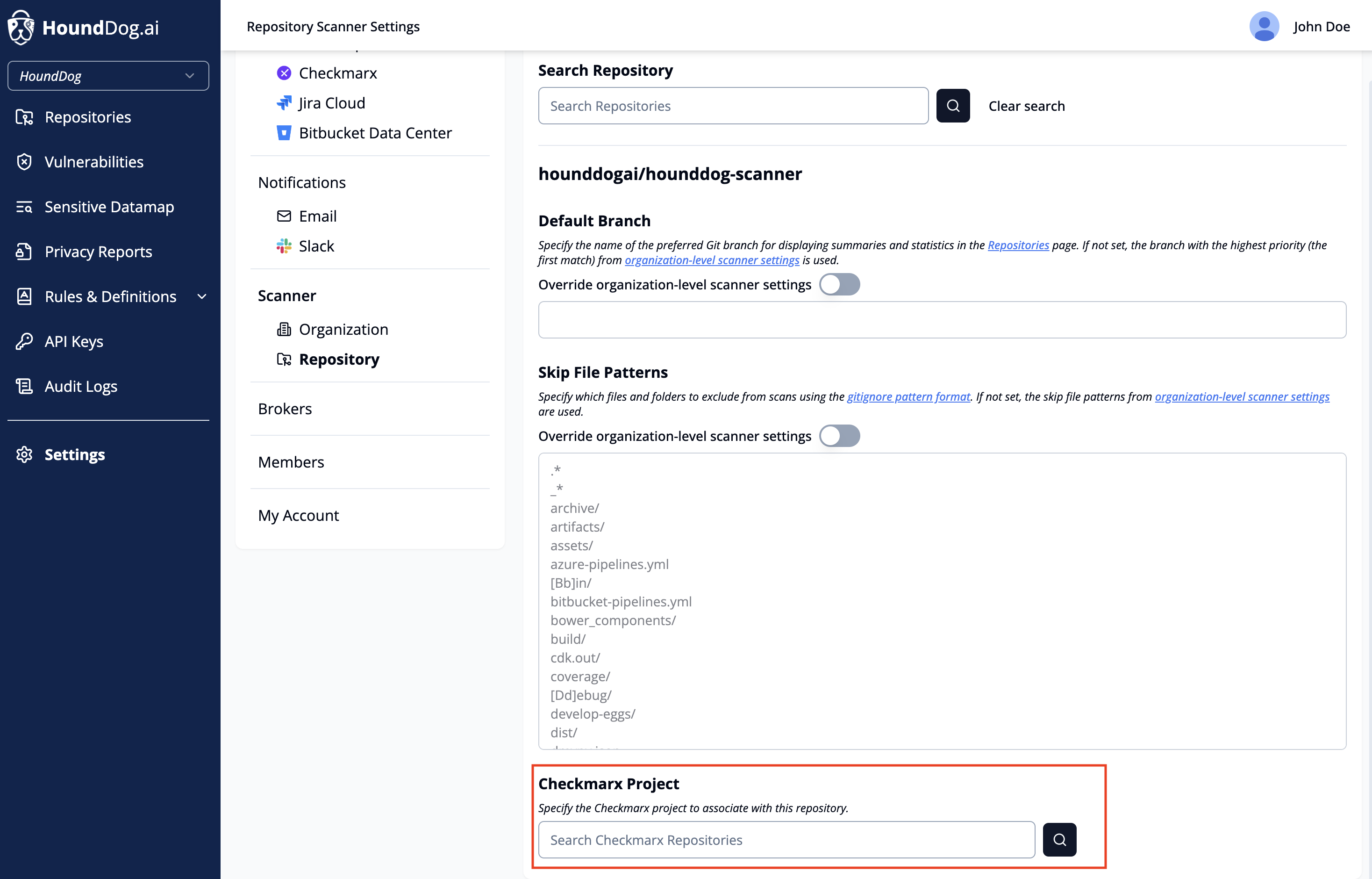 Repository scanner settings with the Checkmarx project selector